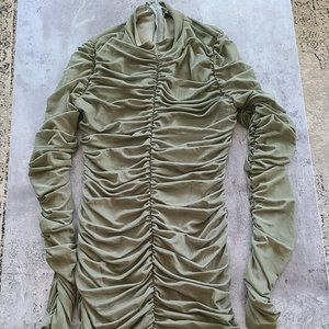 military green long sleeved scrunched mini dress